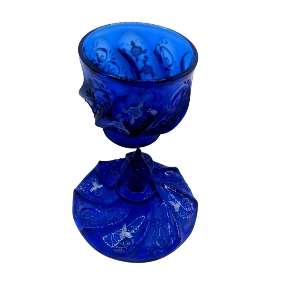 Fenton Glass HP Artist Signed Cobalt Blue Paisley Swirl Candy Jar & Lid - Picture 3 of 16